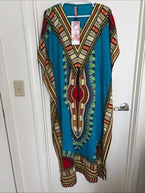 Kanishka African Dashiki Print Kaftan Maxi Dress - Turquoise - One Size